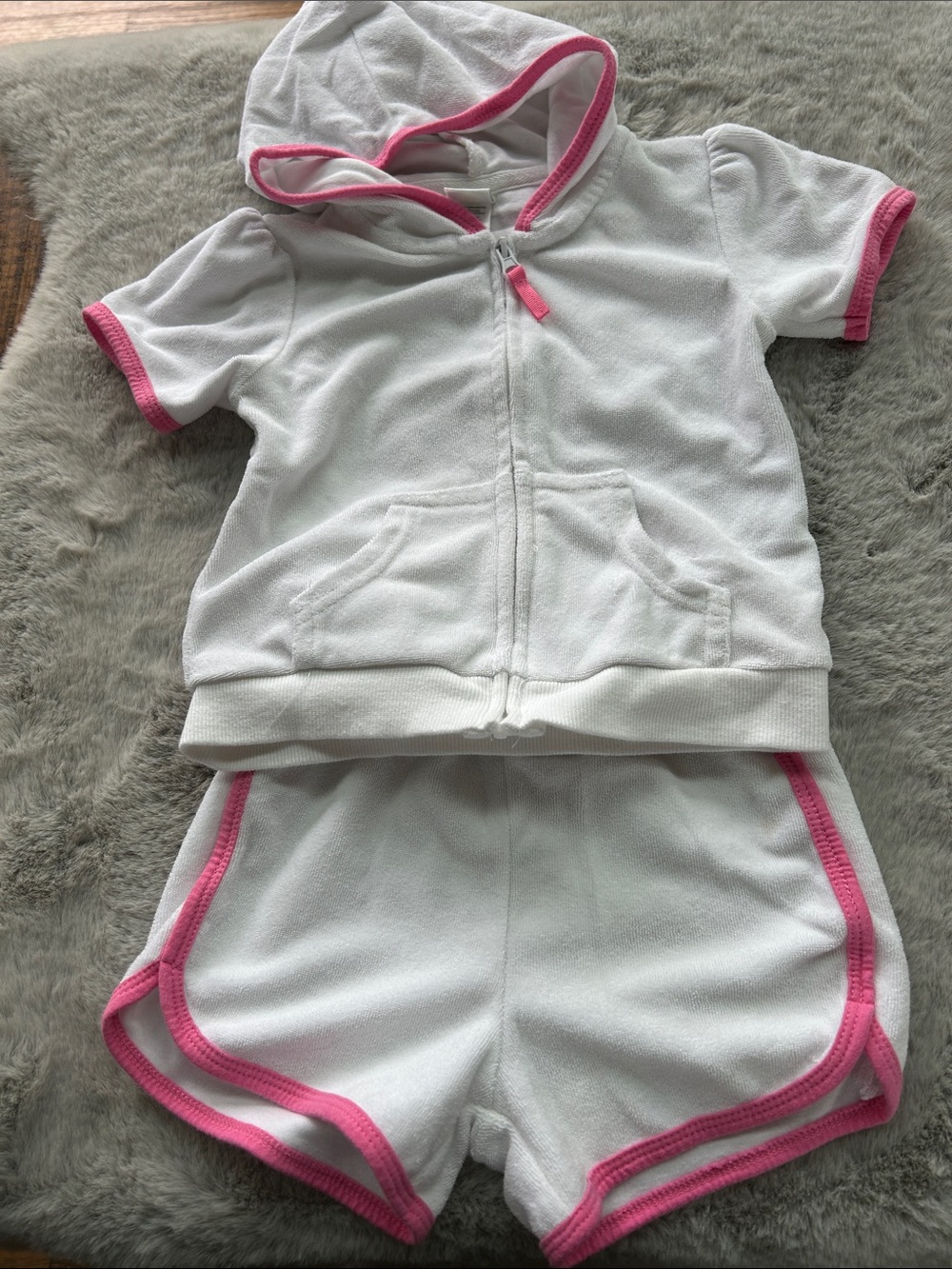 Little Me Terry White and Pink Hooded Short Set